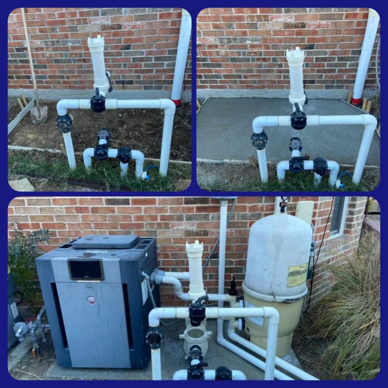 Pool equipment pad with PVC valve manifolds, pump, and heater installed against a brick wall
