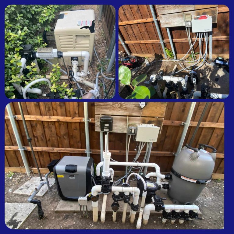 Pool heater, filter tank, and AquaLink automation control panel installation
