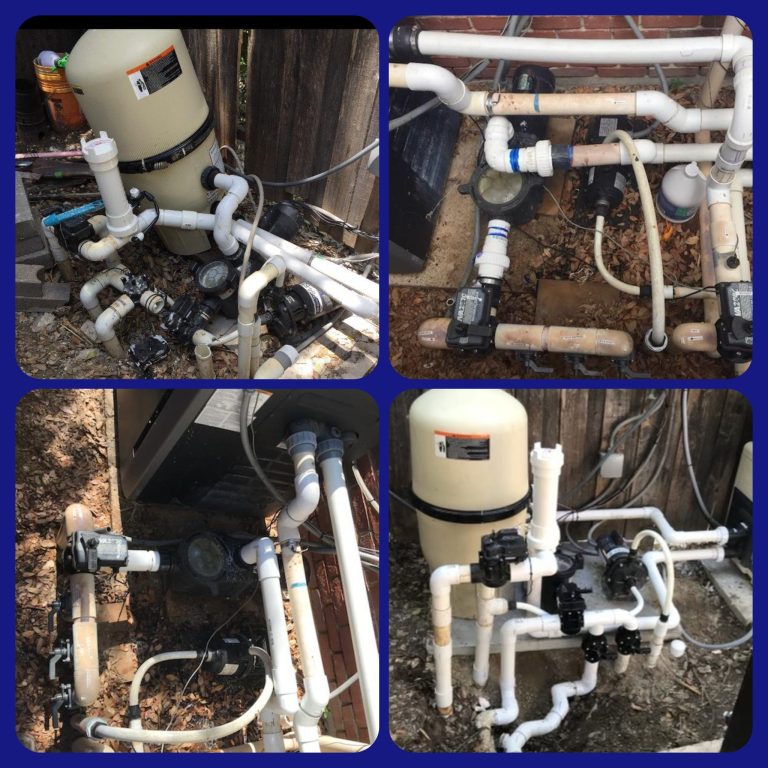 Pool filter, pump, and plumbing equipment repair against a wooden fence