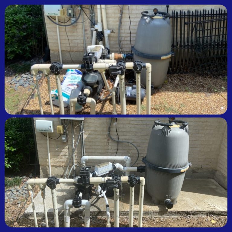 Pool heater and filter equipment pad installed against a wood fence, before and after repair