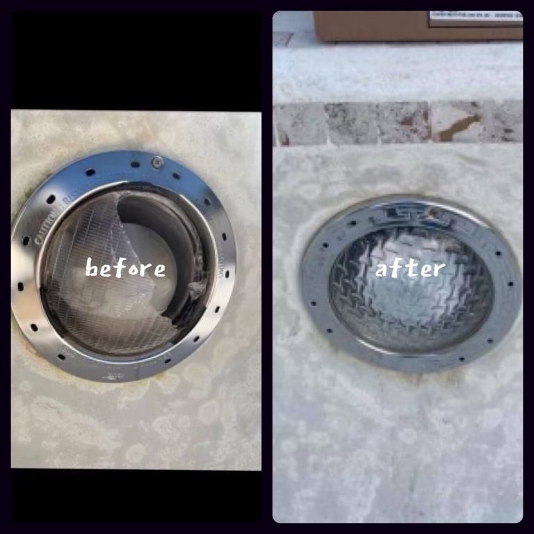 Before and after photo of a pool light fixture replacement