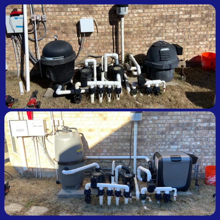 Pool equipment pad with sand filter, heater, and multiple pumps installed against a brick wall