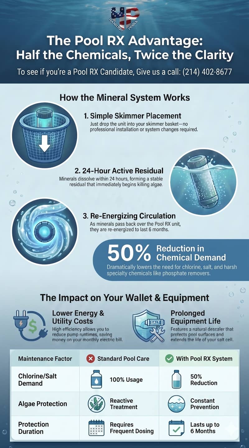 Pool RX mineral treatment system flyer showing product features and benefits