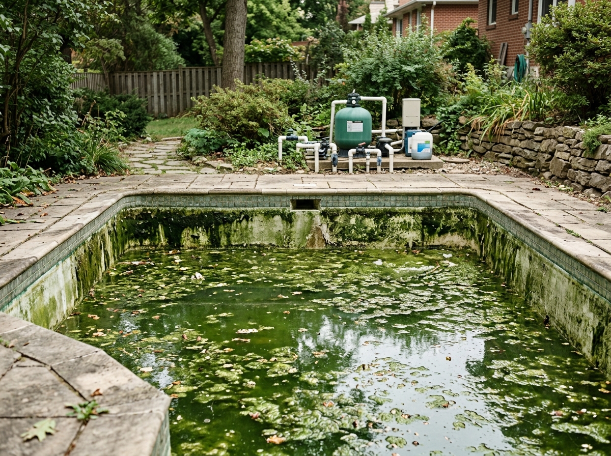 green, neglected swimming pool with visible algae growth on the surface and walls