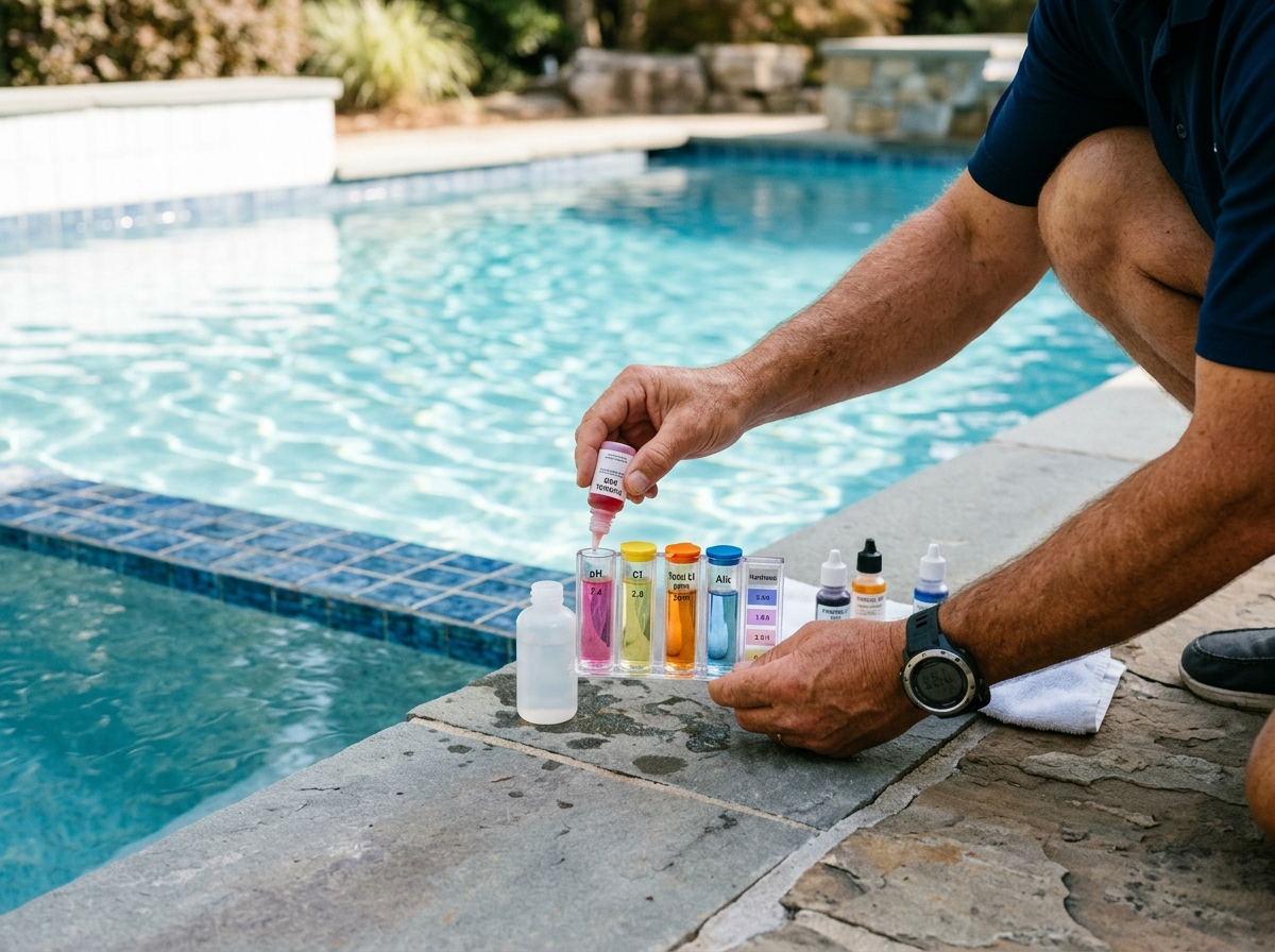 close-up of a pool technician testing pool water with a liquid test kit, showing different colored vials