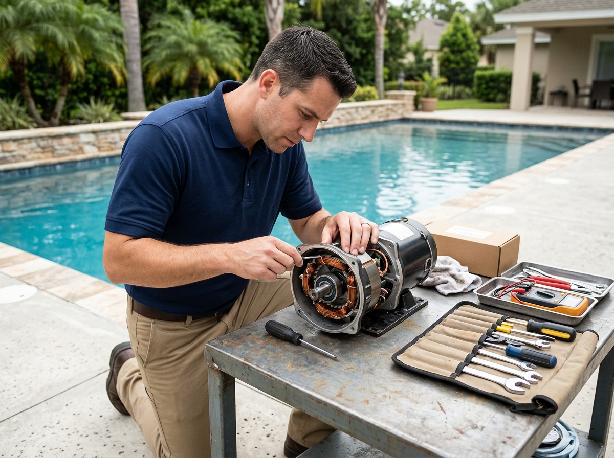 A technician in a plain polo shirt is carefully inspecting the internal components of a pool pump motor, which is partially disassembled.