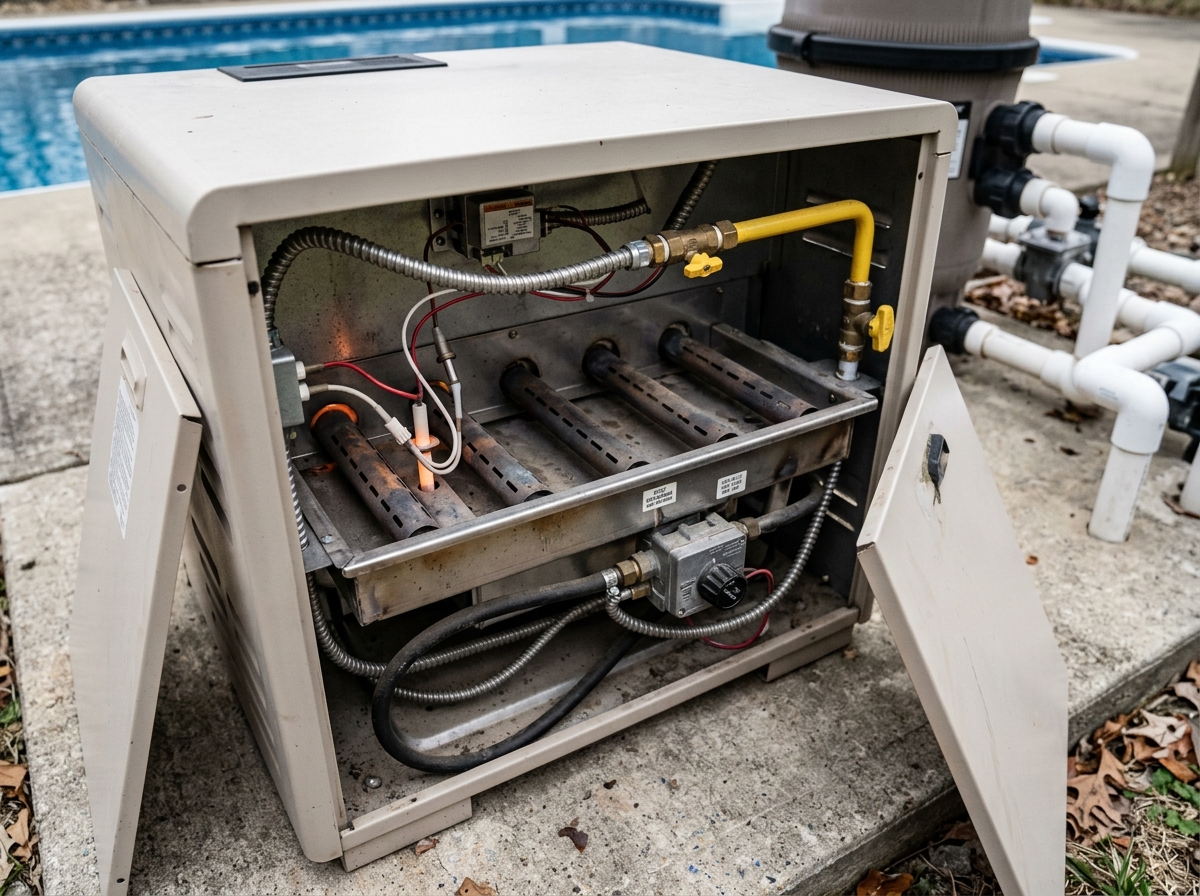 A residential pool heater (like a Raypak or Jandy model) with its cover open, showing the internal igniter and burner assembly.