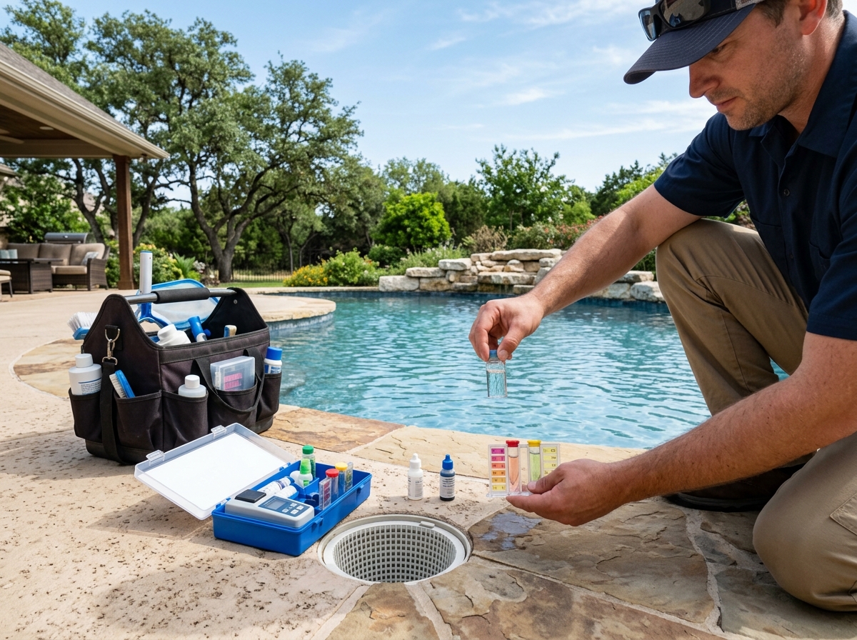 Pool technician checking water chemistry with a testing kit near a clean pool skimmer, with an open pool service tote nearby.
