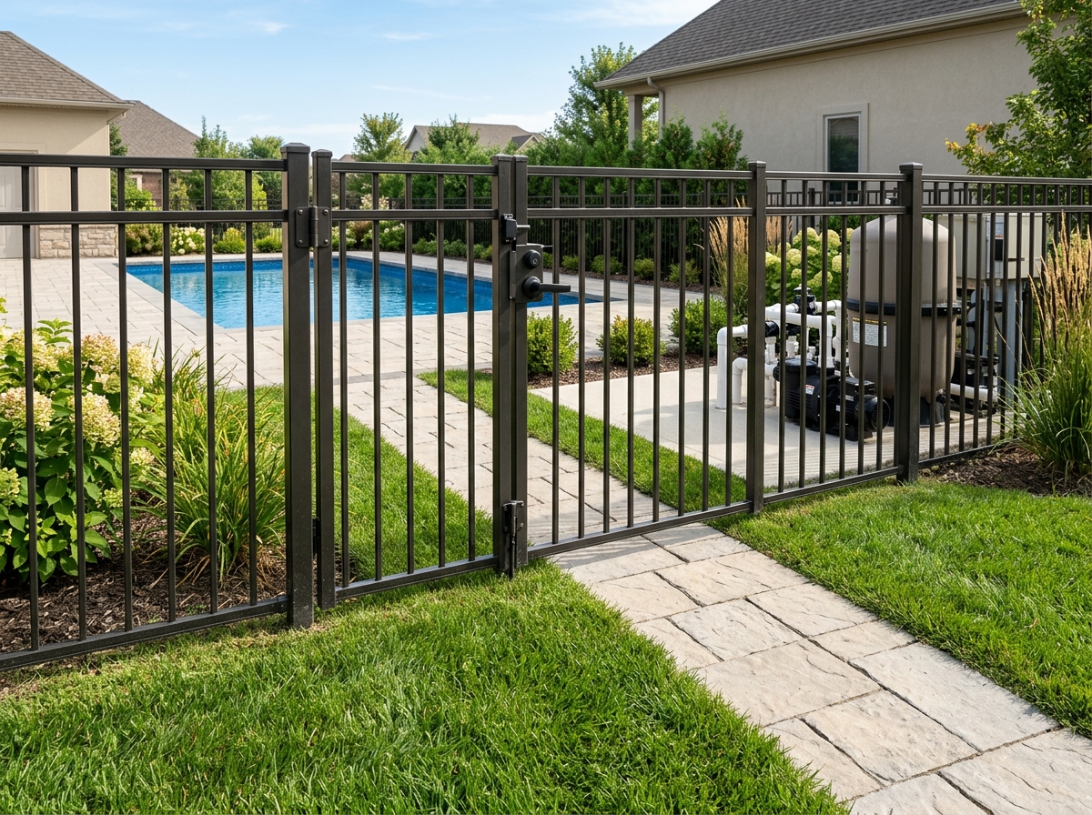 Secure pool gate with a clear path leading to a pool equipment pad, showing a well-maintained fence and a functioning latch.