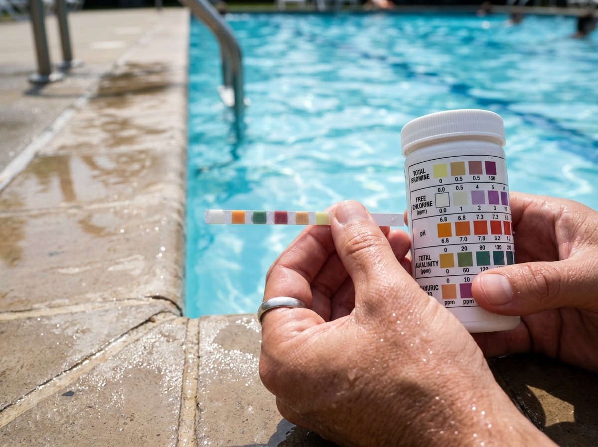 A close-up of a person's hand holding a pool water test strip next to a bottle with a color comparison chart. The strip shows various chemical levels.